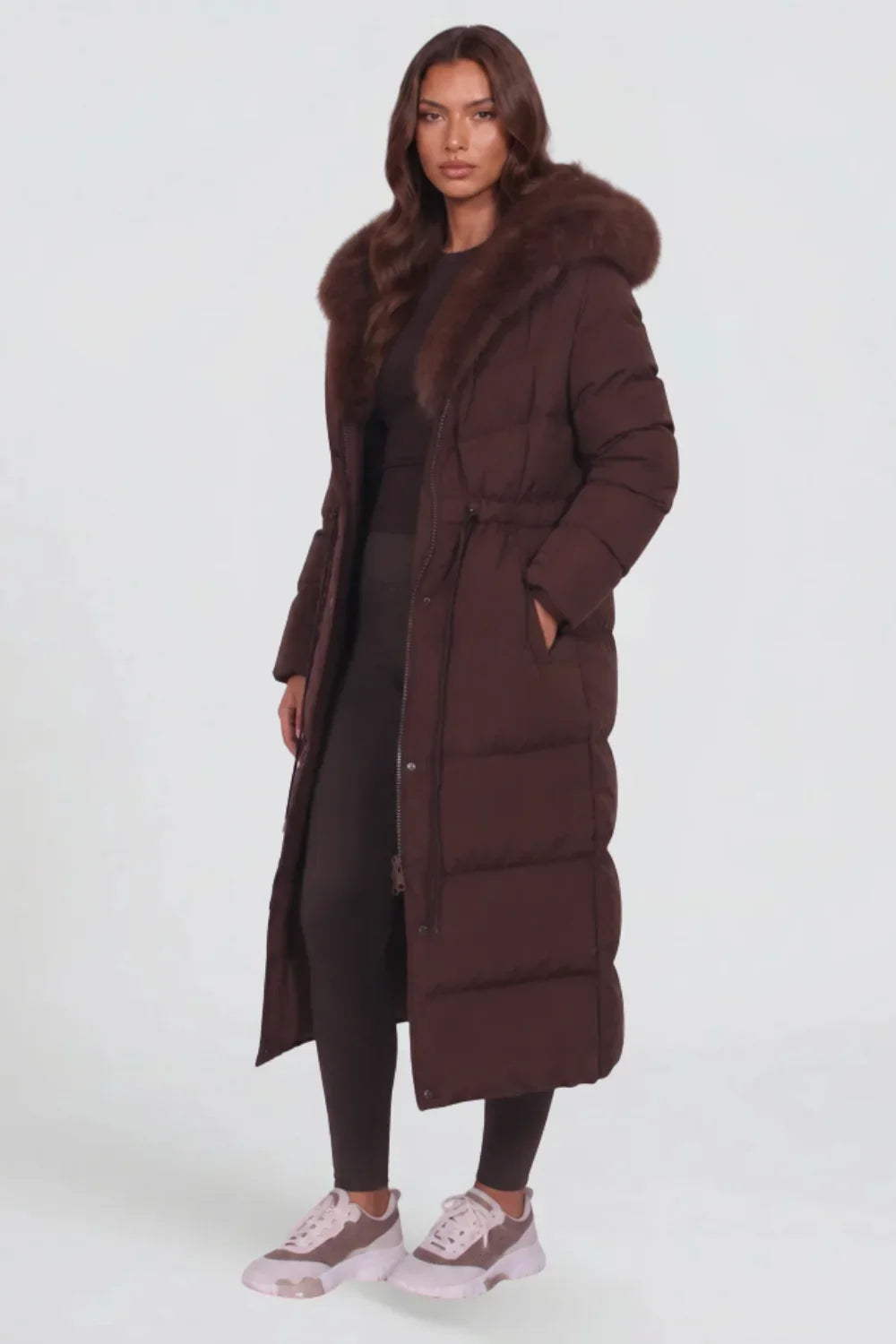 Quiltex - Long Quilted Hooded Coat with Waist Cord