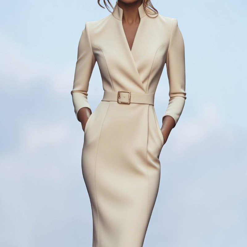 Elegant V-Neck Bodycon Dress with Long Sleeves
