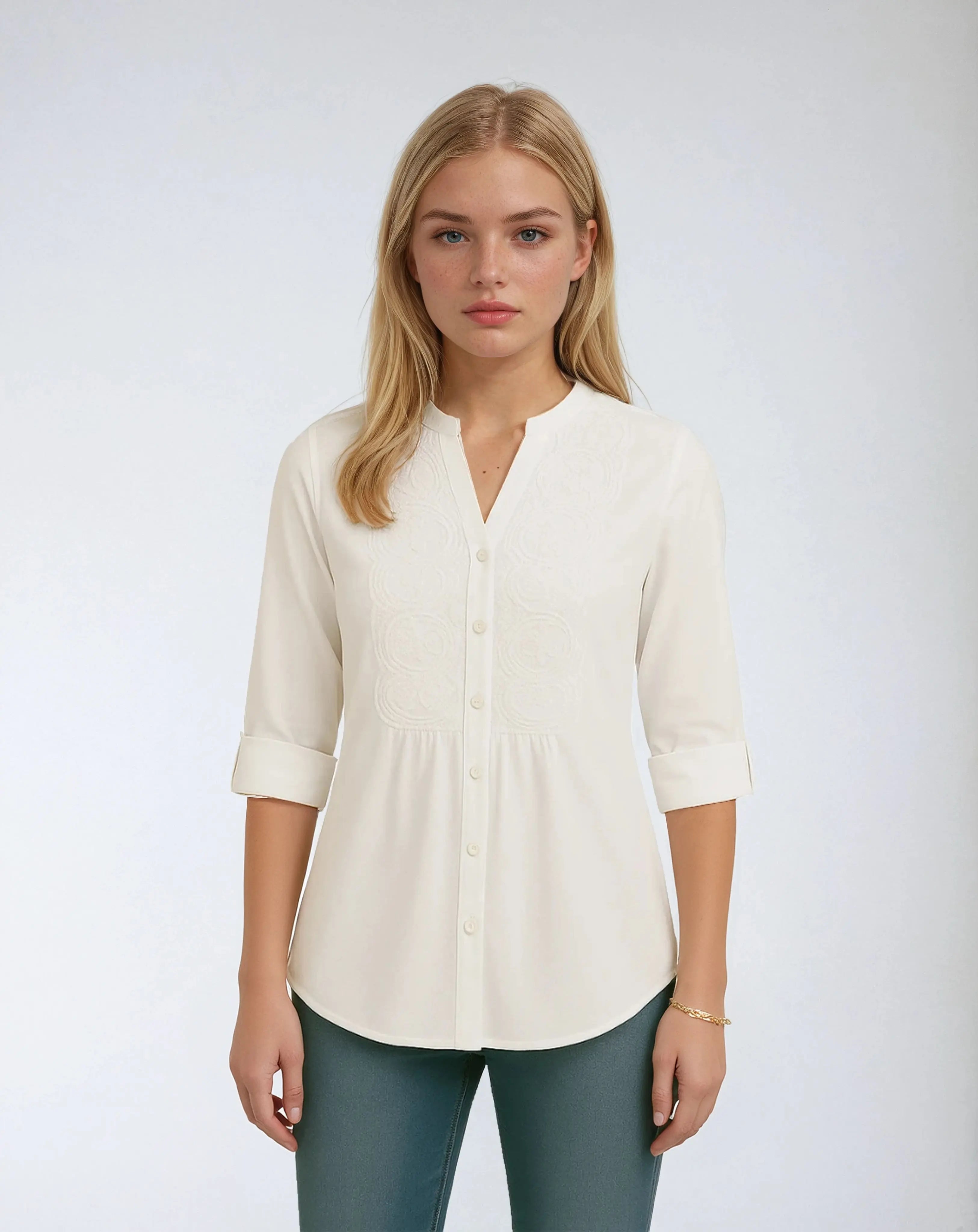 Polyester Blouse Met Pofmouwen En Kanten Accenten-Blouses & Tops-Velani-Velani