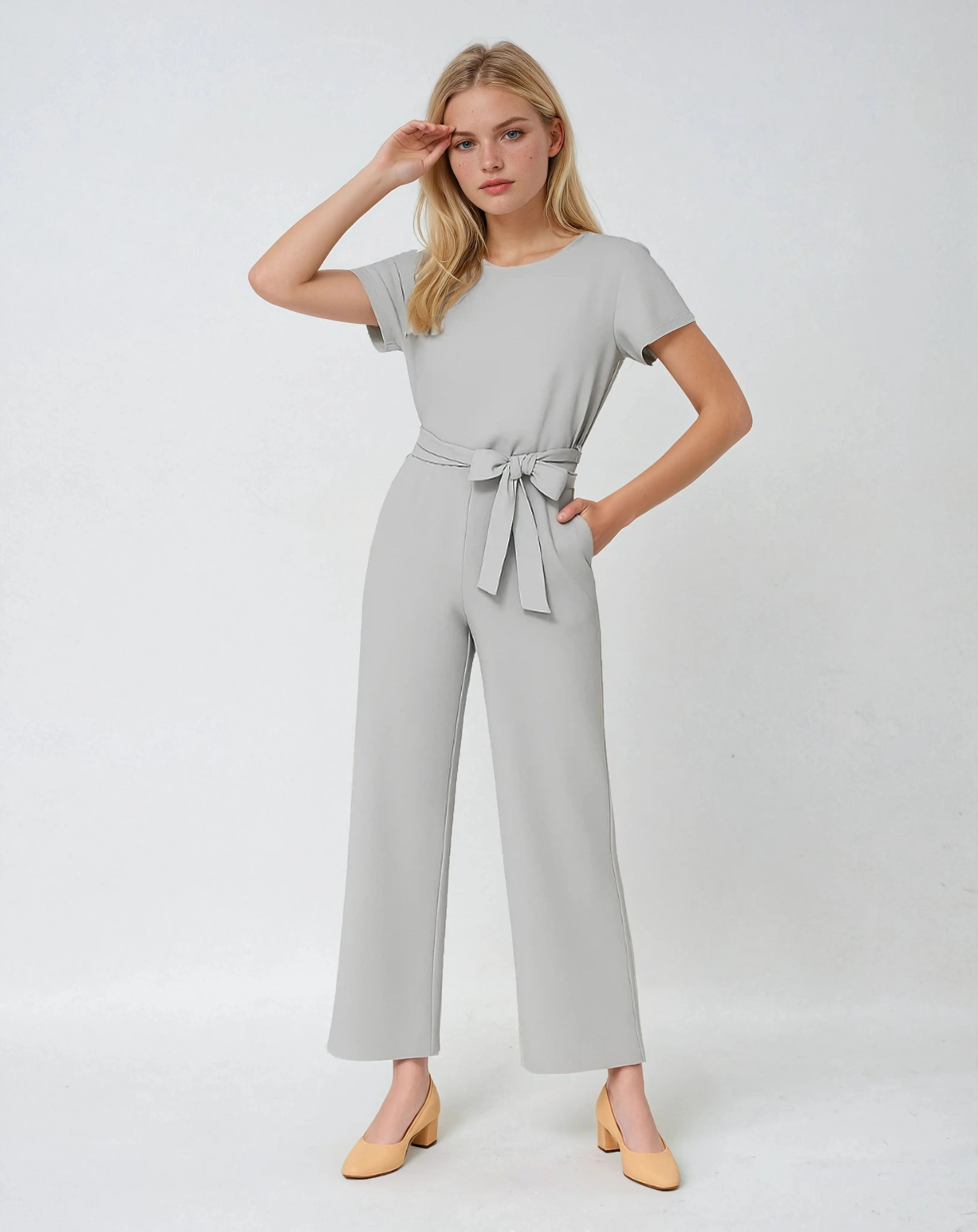 Polyester Ronde Hals Jumpsuit Met Tailleband-Jumpsuits-Velani-Velani
