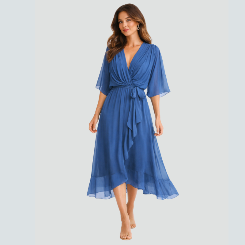 Stylish Midi Dress with V-Neck and Batwing Sleeves