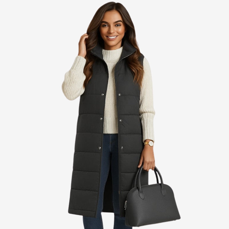 Ava – Sleeveless Coat with Front Button and Hooded Design