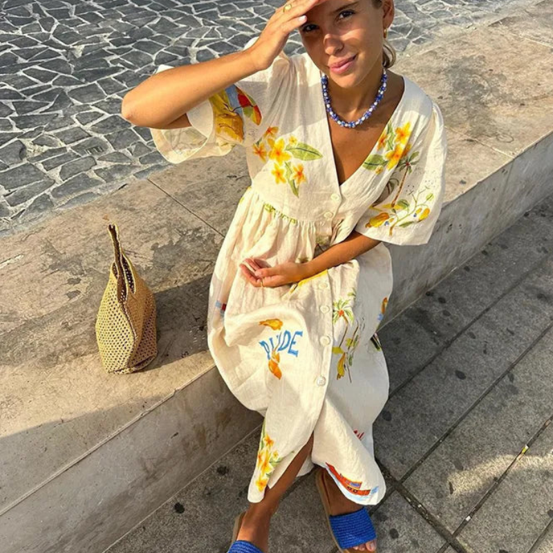 Amara – Lange Jurk met Bloemenprint V-Hals en Lange Mouwen Velani