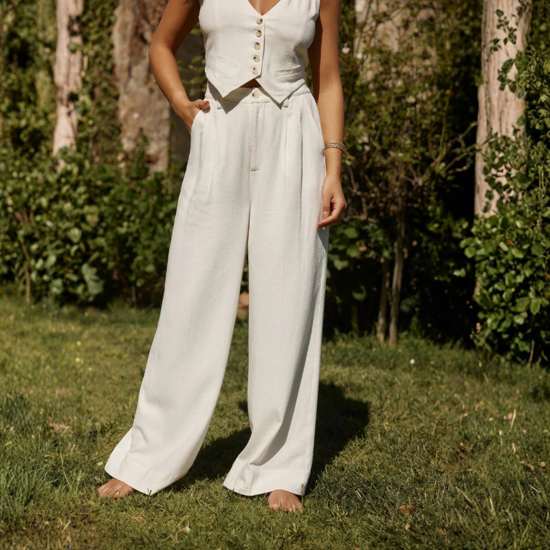 Womens V Neck Crop Top and Wide Leg Trousers Set
