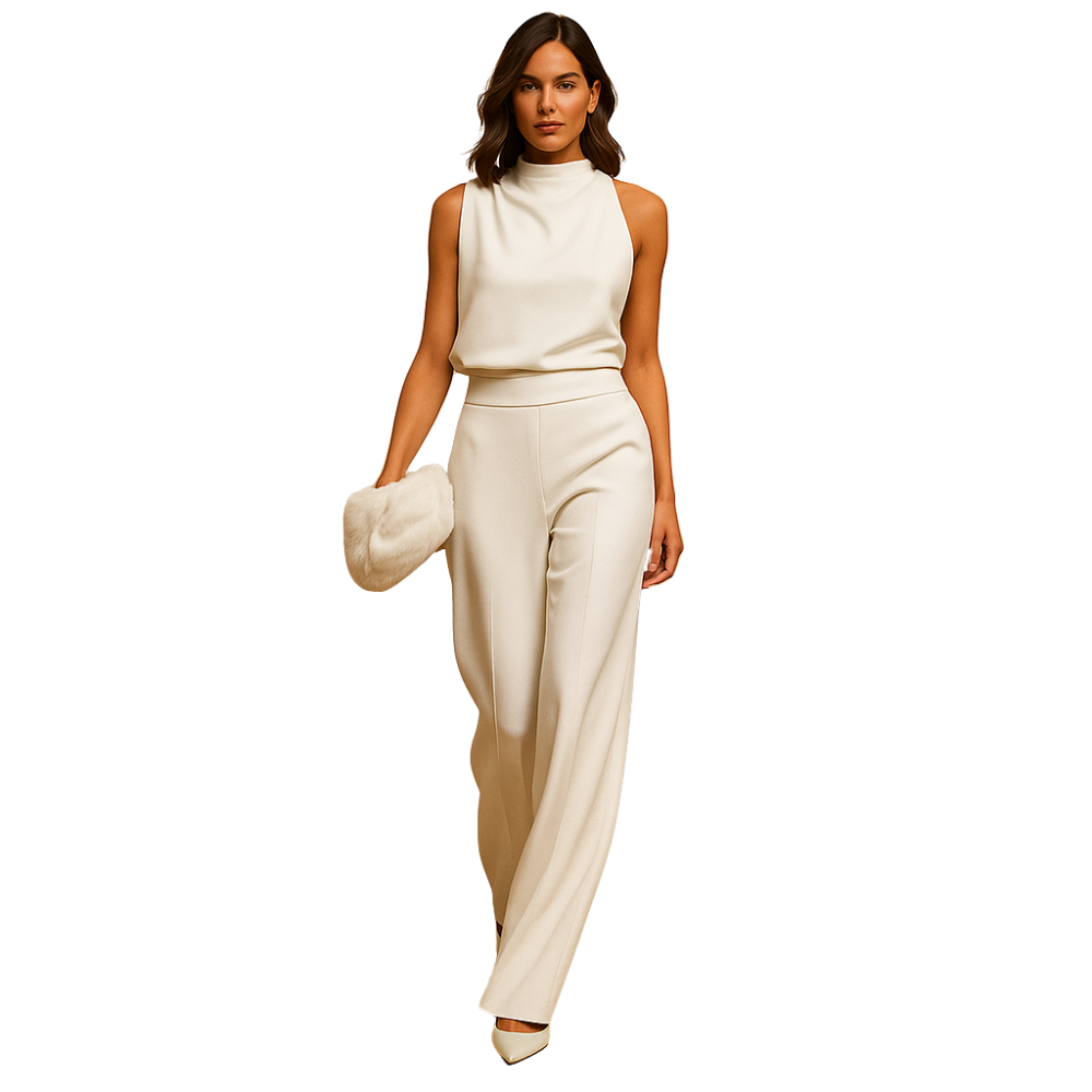 Marie – Mouwloze jumpsuit met opstaande kraag en wijde pijpen Velani