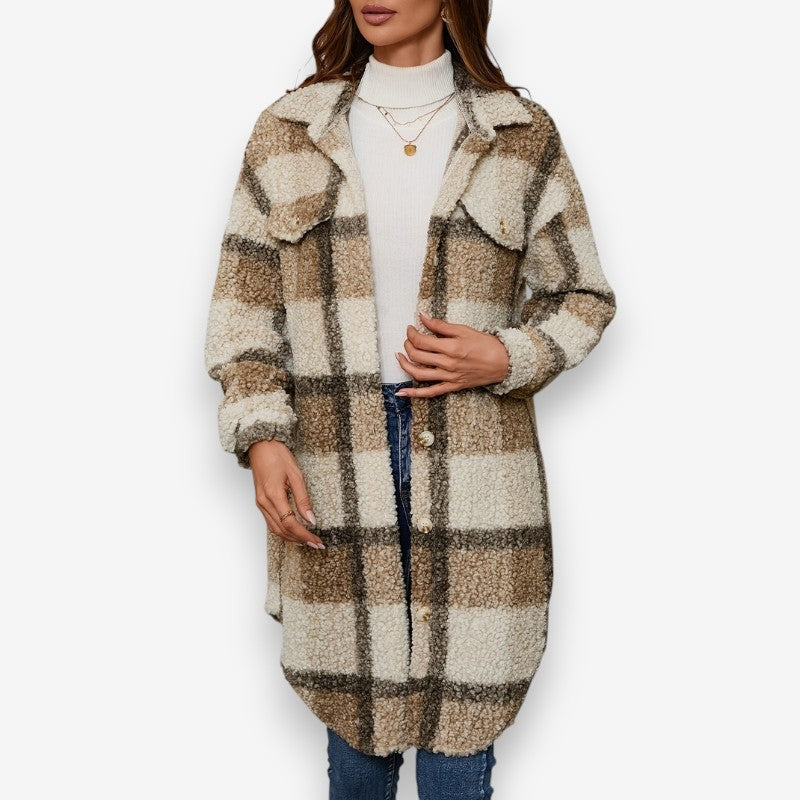 Olivia – Long Sleeve Coat with Button Closure and Down Collar