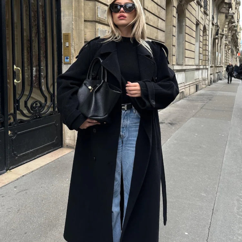 Ashley – Lange jas met riem reverskraag knoopsluiting en zakken Velani