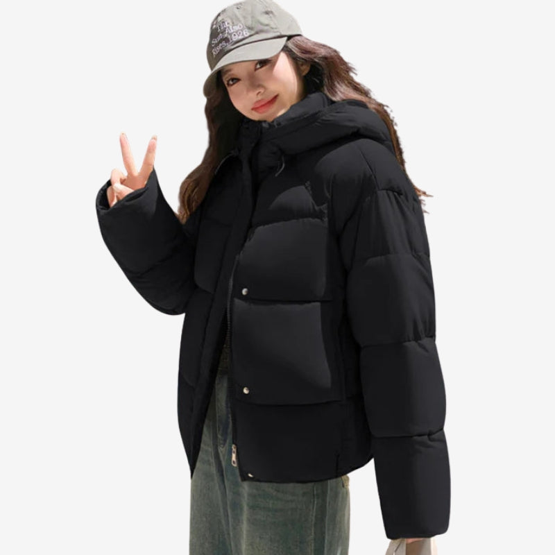 Hazel – Long Sleeve Coat with Hoodie and Zipper Closure