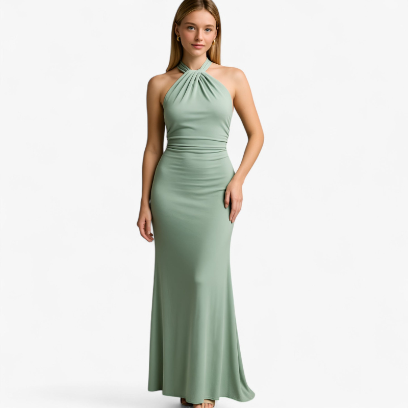 Eliza – Lange Mouwloze Jurk met Halter Open Rug en Hoge Taille Velani