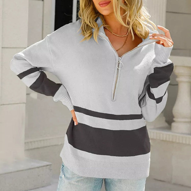 Lia – Long Sleeve Sweater with Ribbed Hem and Zippered Closure