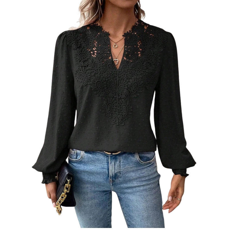 Svenja – Blouse met Lange Mouwen, V-Hals en Kantdetails Velani