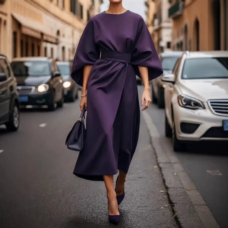 Women Belted Midi Dress with Lantern Sleeves