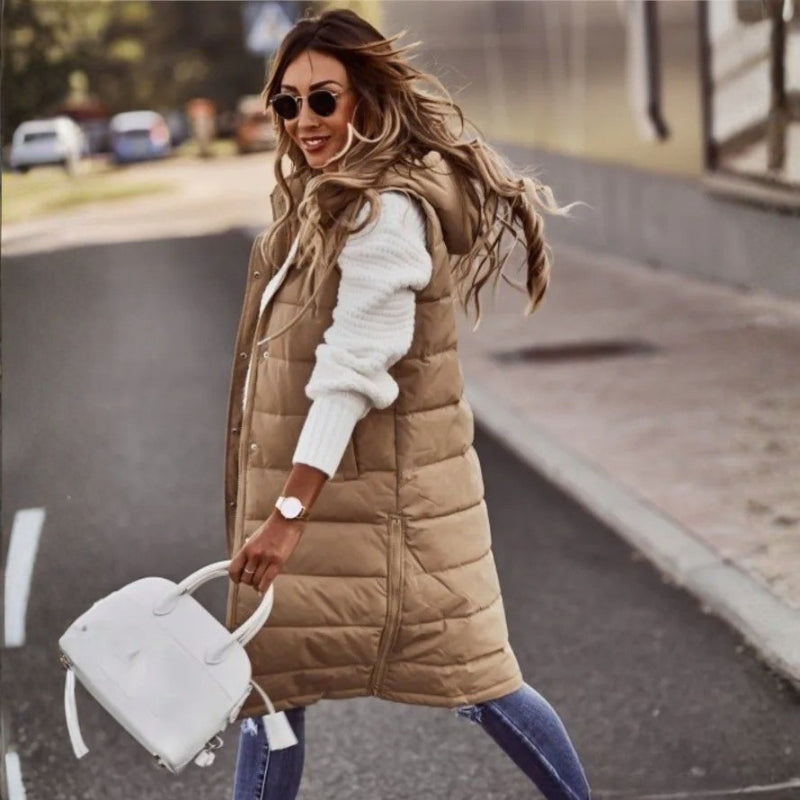 Ava – Sleeveless Hooded Coat with Button Closure