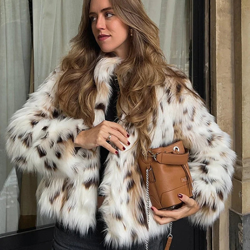 Stella – Long Sleeve Leopard Print Fur Coat