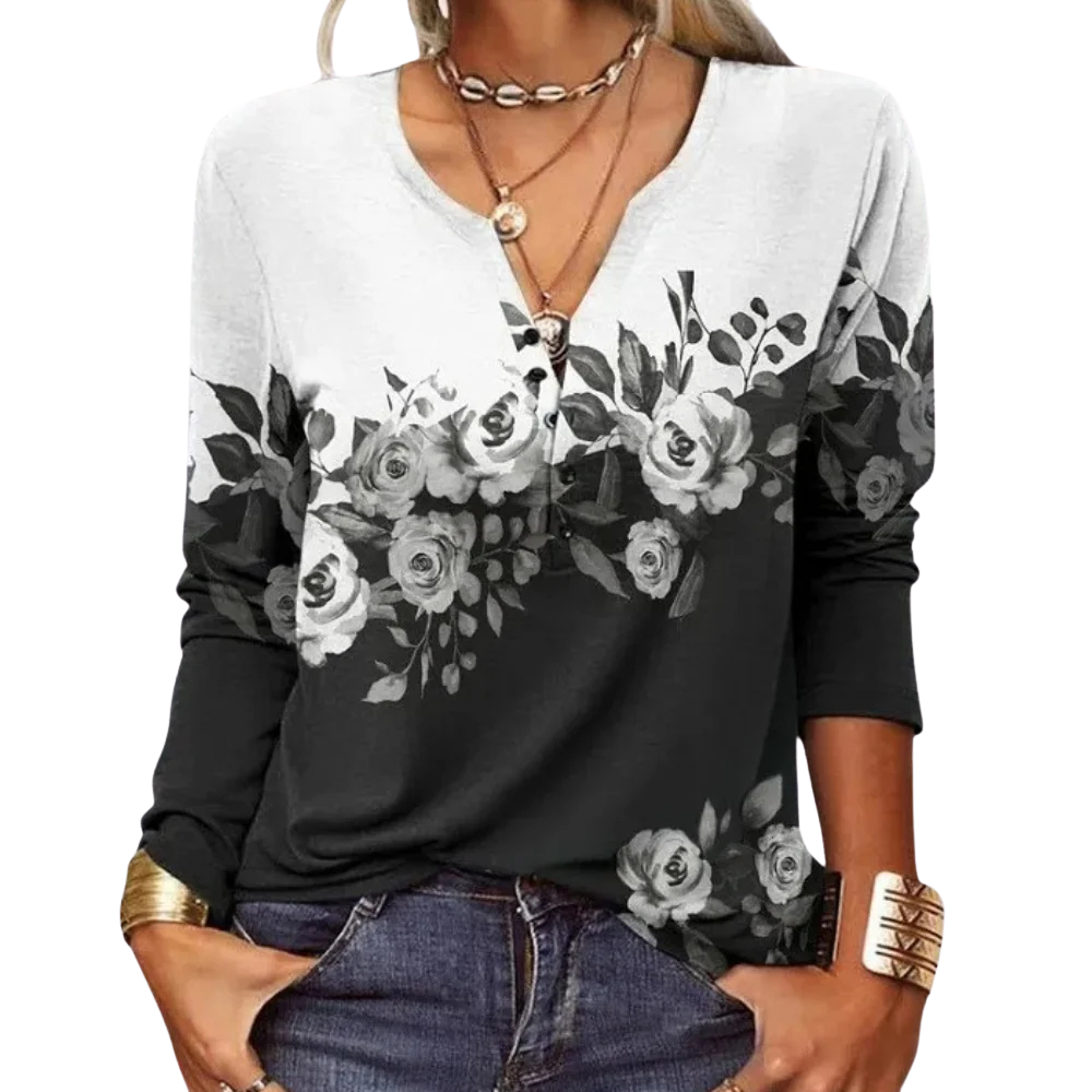 Lieve – Bedrukte Blouse met V-hals en Lange Mouwen Velani