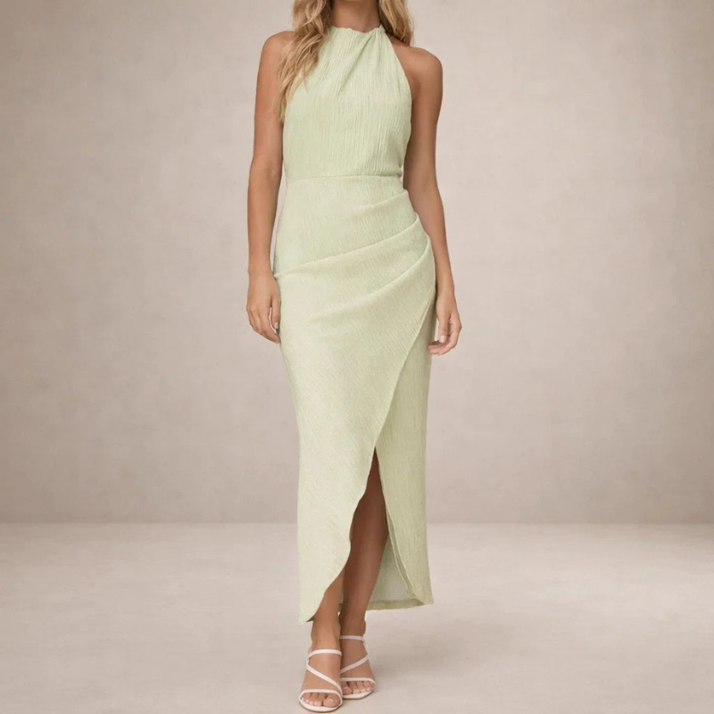 Women's High Neck Wrap Dress With Sleeveless Design