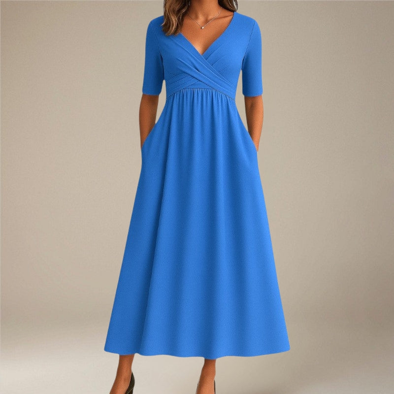 Women’s V-Neck Midi Dress Short Sleeve with Side Pockets