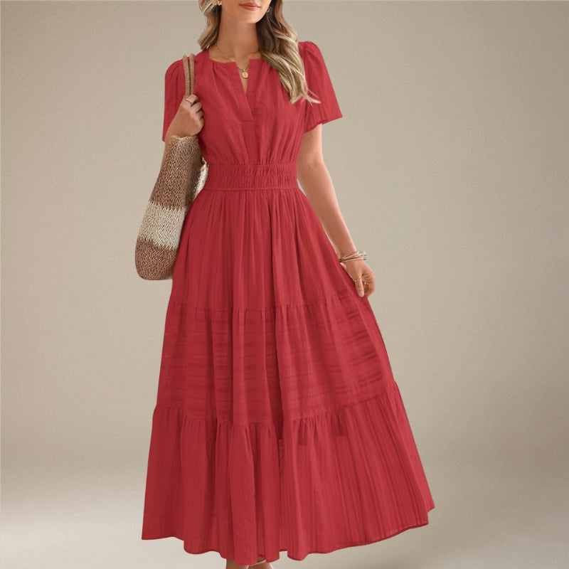 Women's Midi Dress with Wrap Waist and Short Sleeves