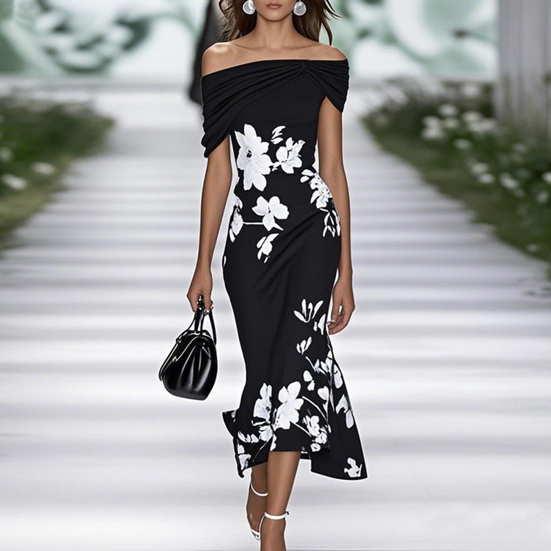 Off-Shoulder Floral Slim Fit Dress