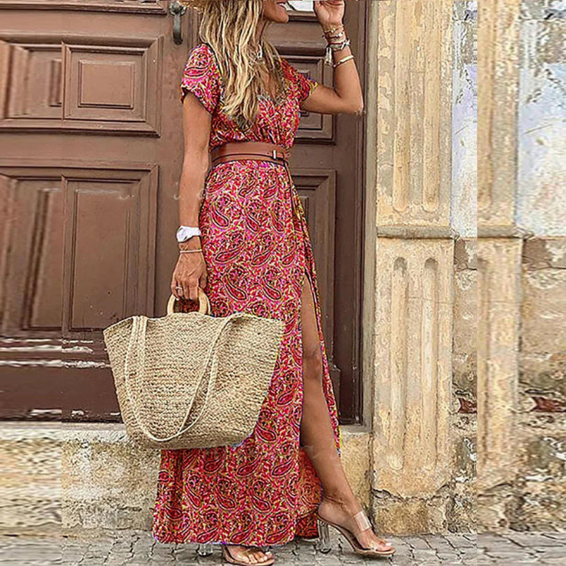 Women's Floral Print Maxi Dress with Belt Waist