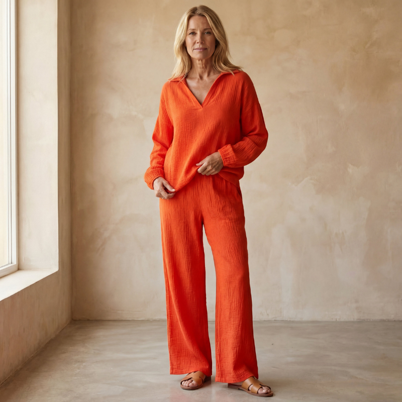 Women's Two Piece Set With Long Sleeve Top and Straight Leg Pants