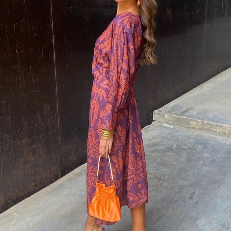 Women’s Floral Print Maxi Dress V-Neck Long Sleeve