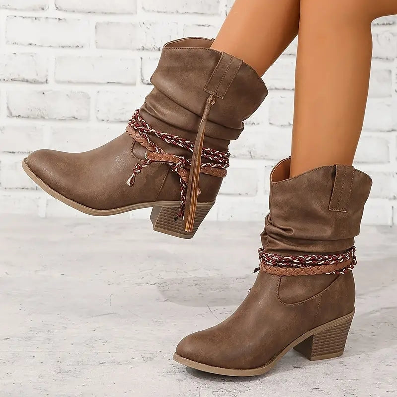 Chloe – Round Toe Boots With Braided Wraps Design