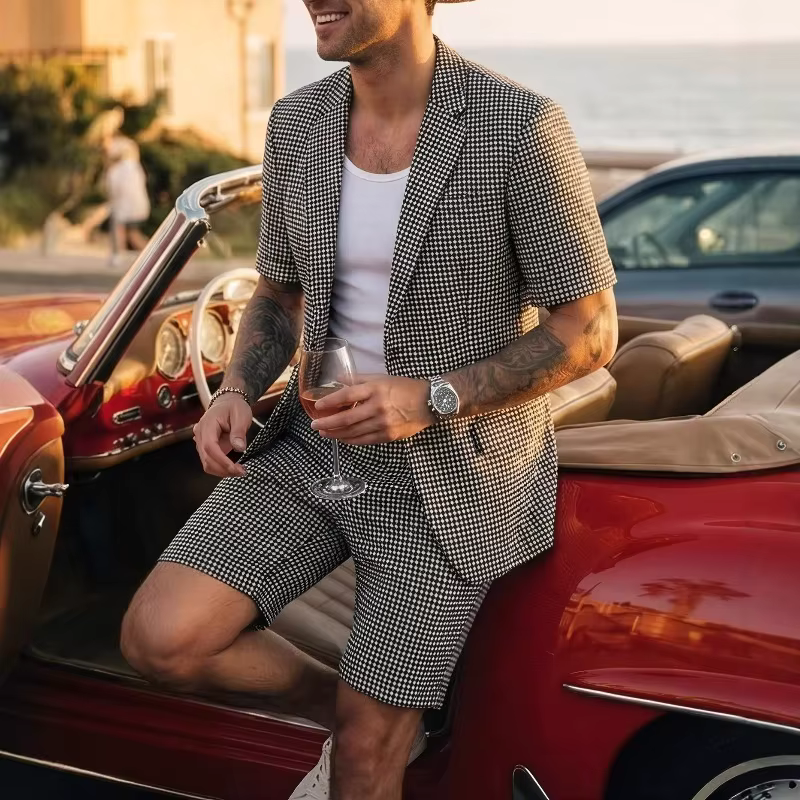 Men's Short Sleeve Plaid Blazer and Trousers Set