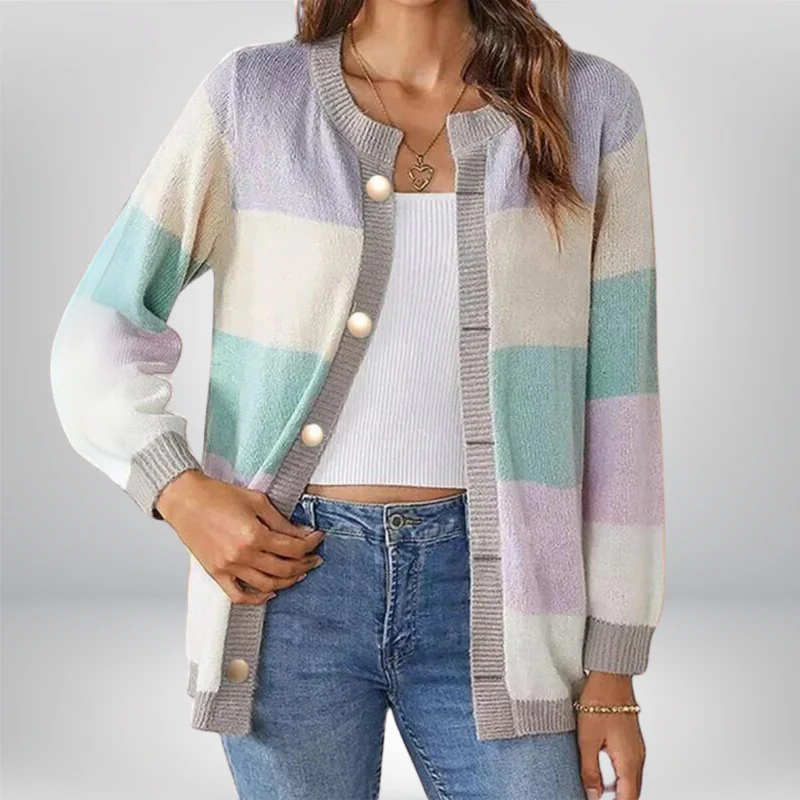 Abigail – Cárdigan estampado de manga larga, cuello redondo y botones