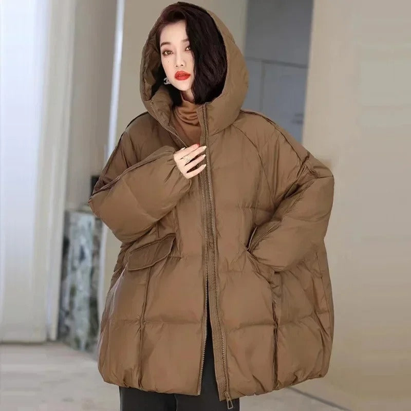 Nora – Long Sleeve Coat with Hoodie and Zipper Closure