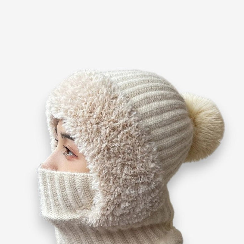 Emma – Round Faux Fur Hat with Scarf Mask Design