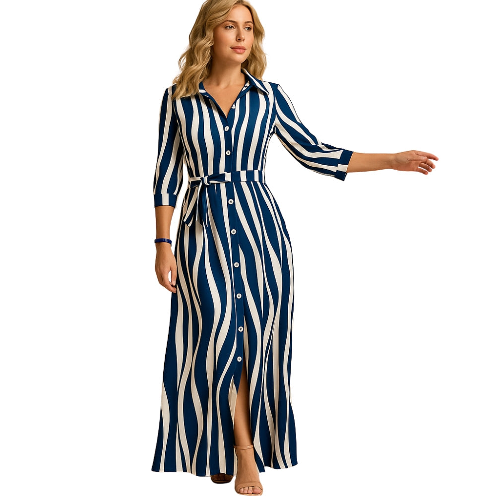 Katja – Maxi Jurk met Riem en Lange Mouwen Velani