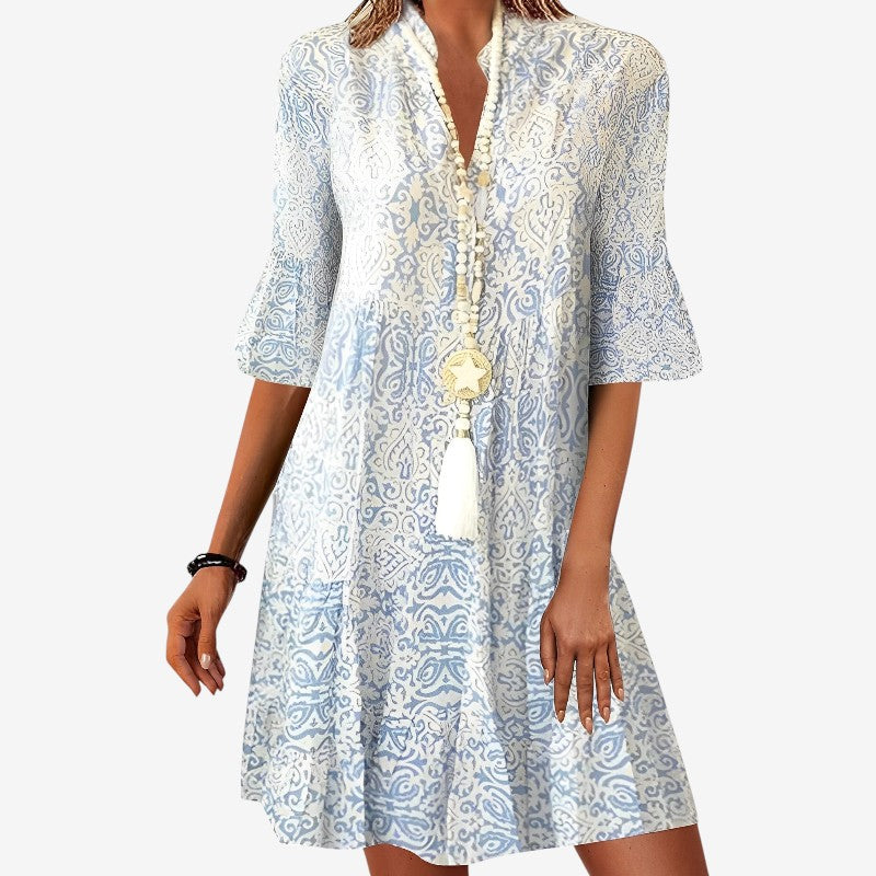 Women V-Neck Printed Short Sleeve Dress