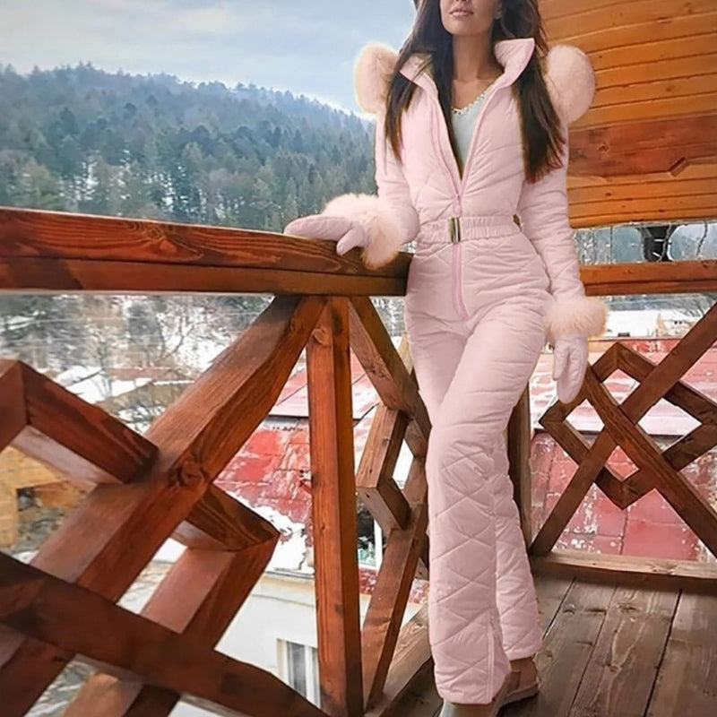 Ava – Women's Long Sleeve Overall with Belt and Fur Collar