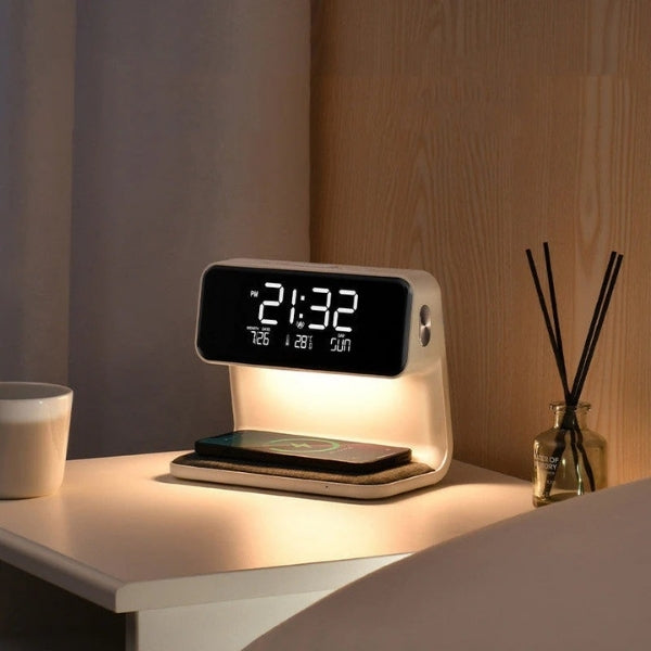 ChargeGlow – LED Night Light with Wireless Charger & Alarm Clock