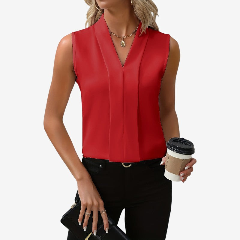 Women’s Sleeveless V-Neck Blouse with Pleated Front