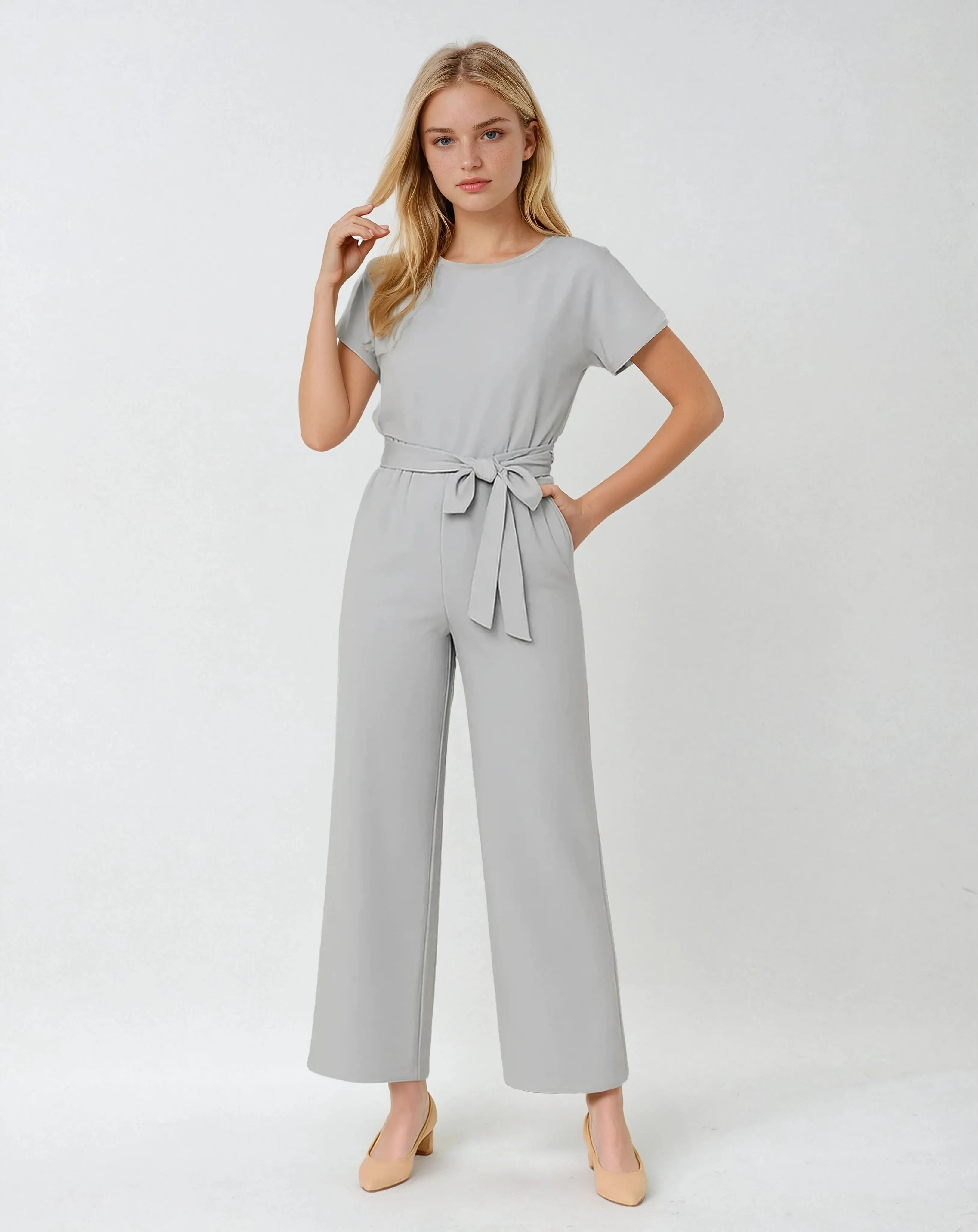 Polyester Ronde Hals Jumpsuit Met Tailleband-Jumpsuits-Velani-Velani