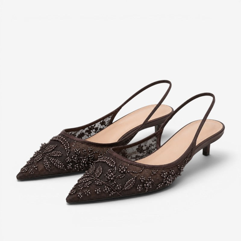 Embroidered Floral Slingback High Heel Shoes for Women