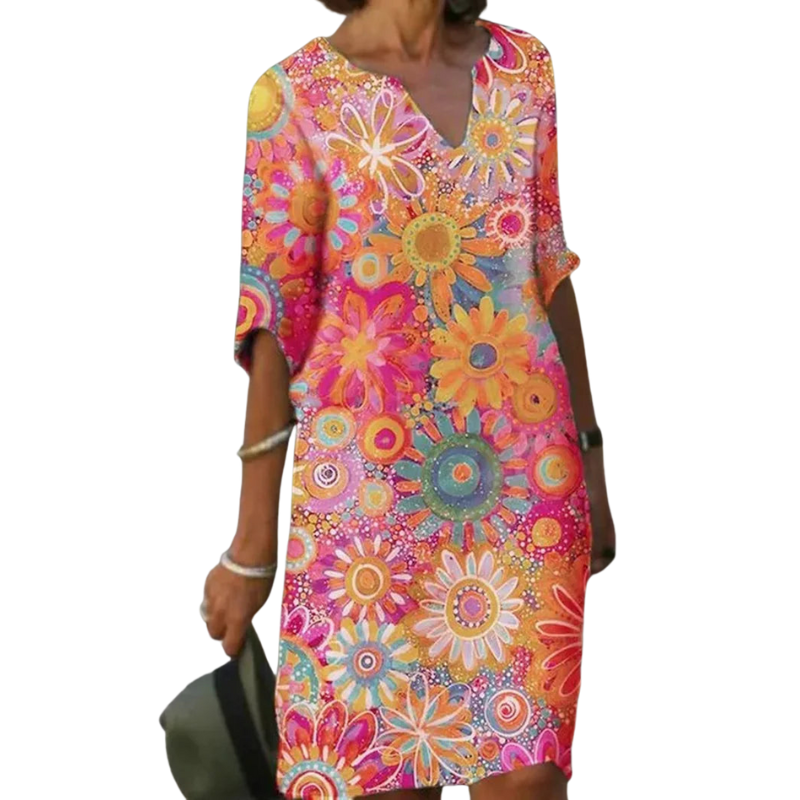 Eliana – Lange Jurk met V Hals en Bloemenprint met Halflange Mouwen Velani