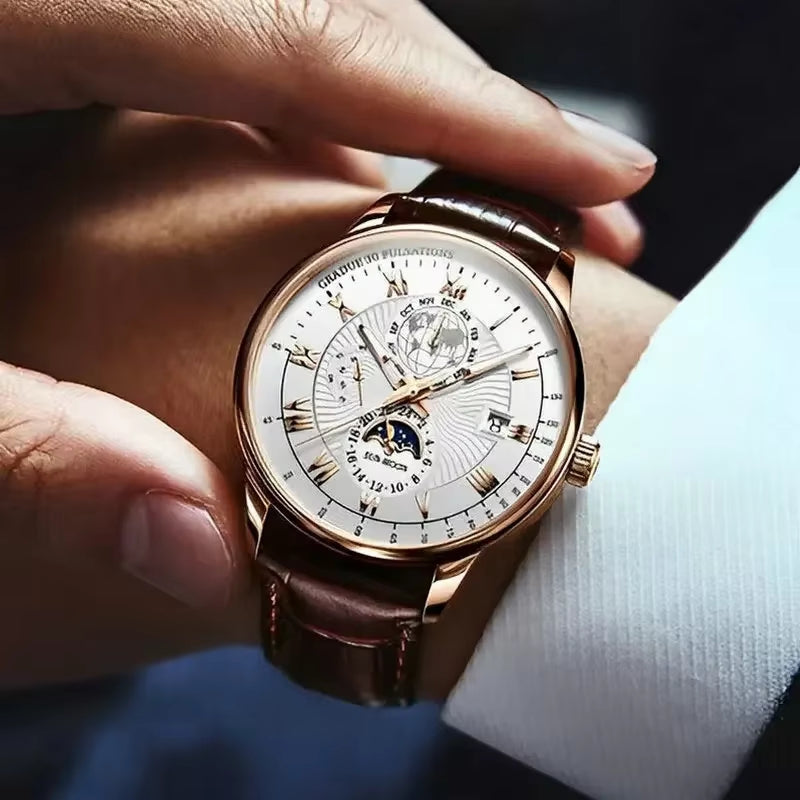 LunOrix - Round Watch with Adjustable Strap and Moon Phase Detail