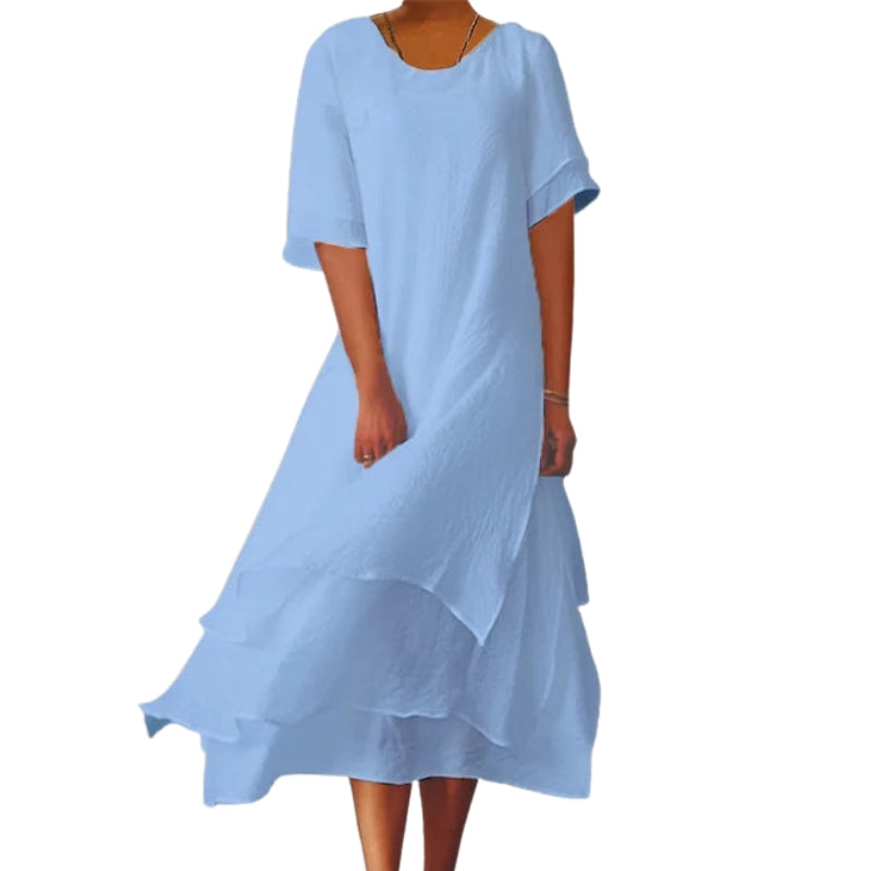 Fiona – Dubbel Laag Jurk met Ronde Hals en Korte Mouwen Velani