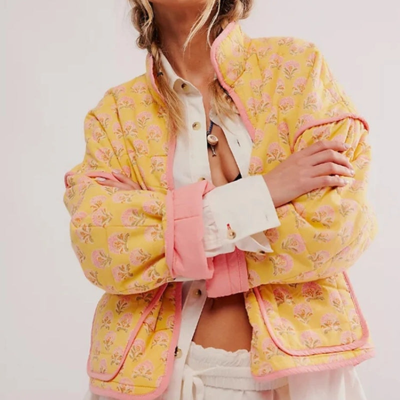 Sophia – Chaqueta de manga larga con estampado floral, cuello alto y bolsillos