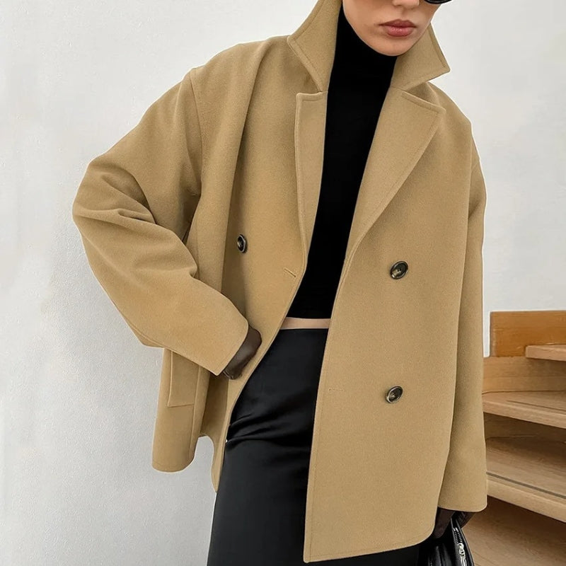 Liana – Long Sleeve Coat with Collar Down and Button Closure