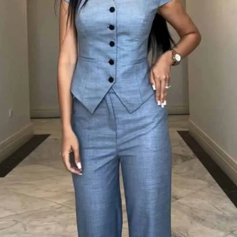 Elena – Tweedelig Setje met V-Hals Top en Wijd Uitlopende Broek Velani