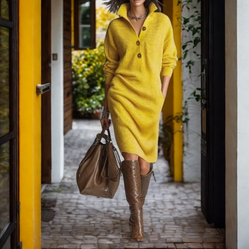 Arlena – Long Sleeve Sweater with Stand Up Collar and Button