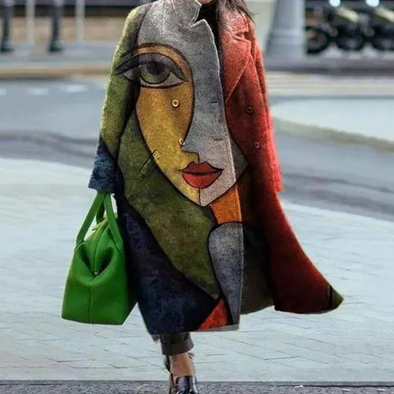 Olivia – Long Sleeve Coat with Down Collar and Printed Pattern Design