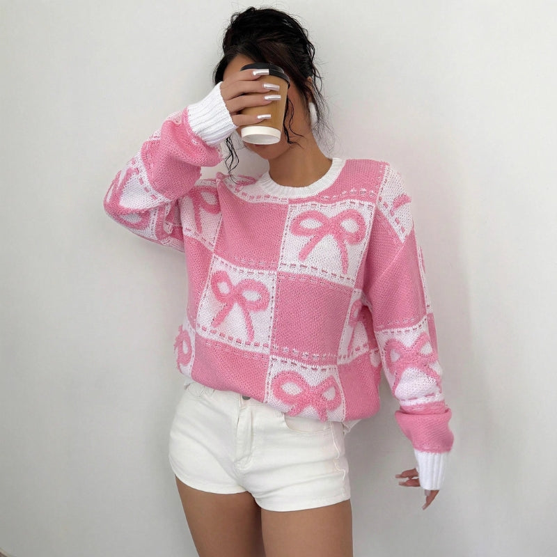 Samantha – Long Sleeve Knitted Sweater With Bow Pattern Design