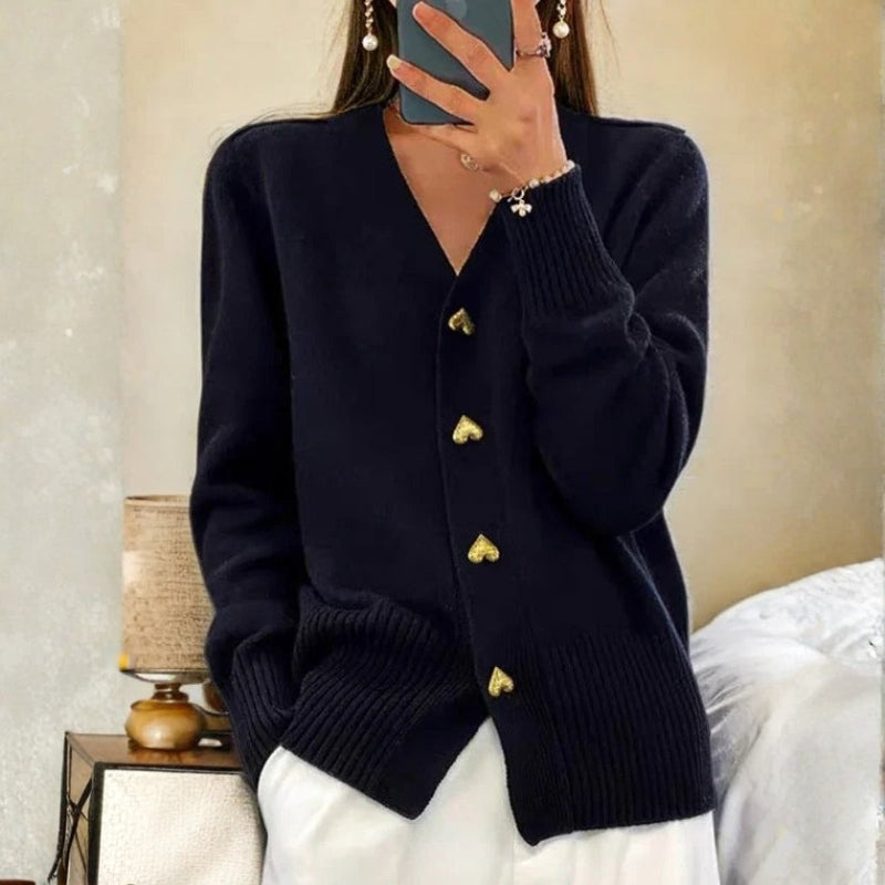 Olivia – V Neck Knitted Cardigan With Heart Shaped Buttons