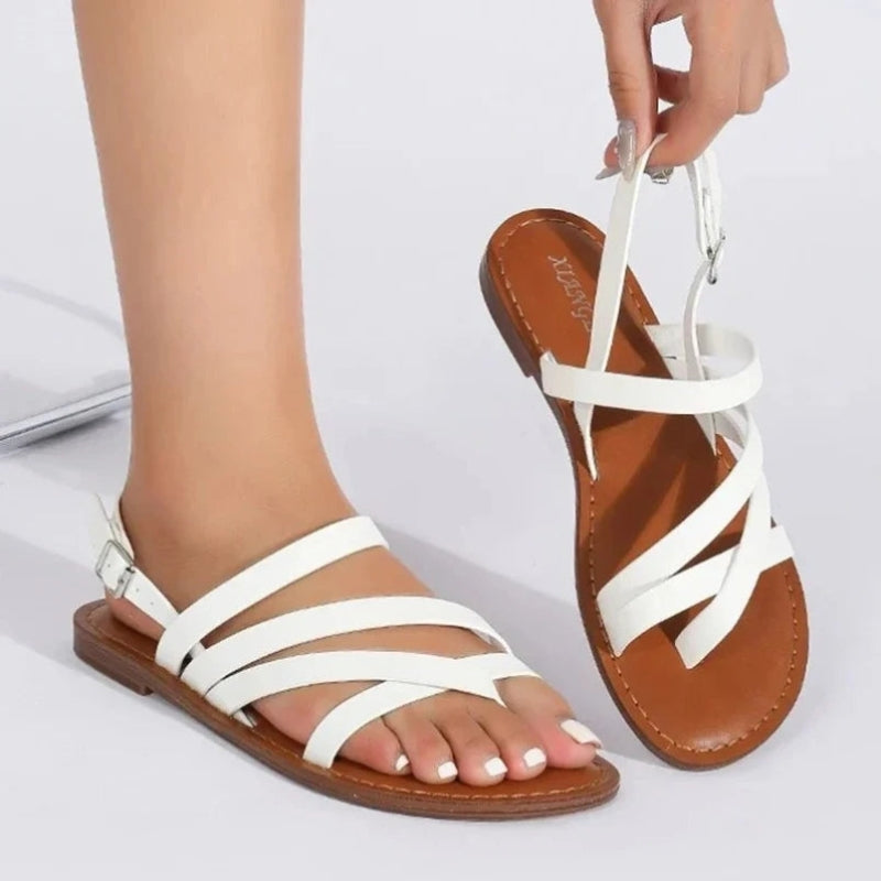 Women's Flat Sandals with Round Toe and Buckle Strap