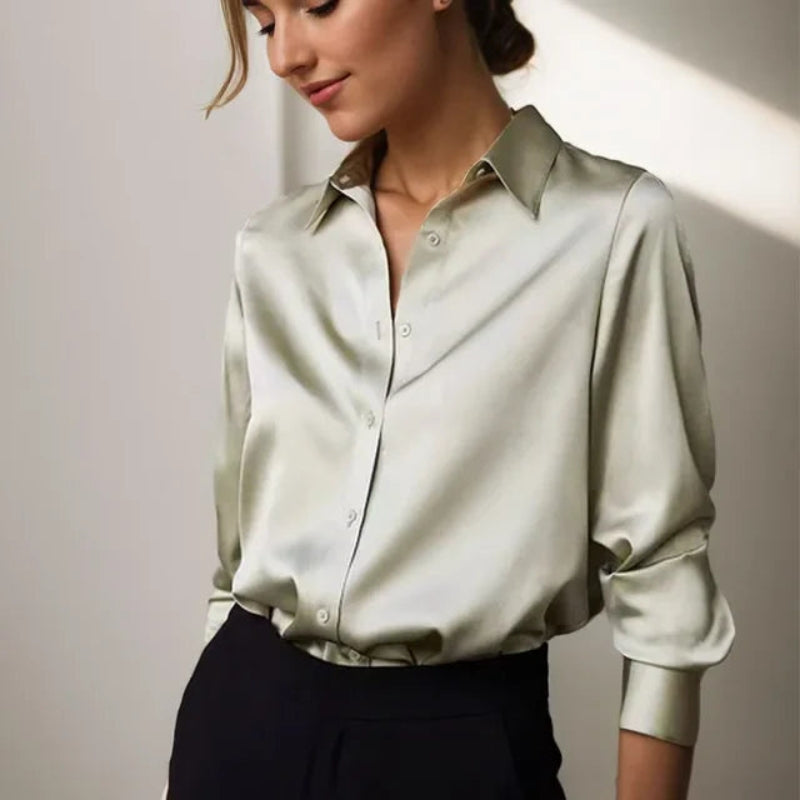 Women’s Satin Finish Button Front Blouse Long Sleeve